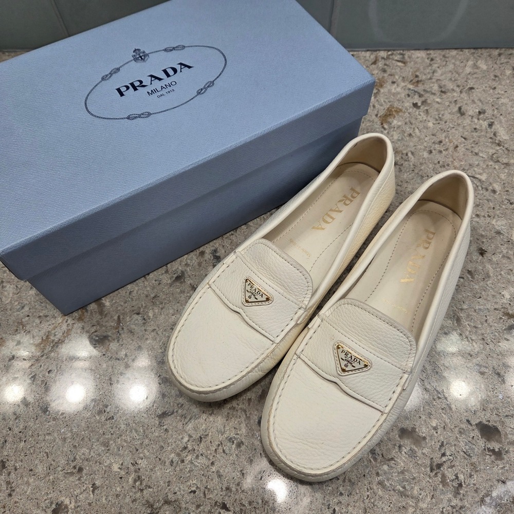 Prada Avorio Ivory Leather Driving Loafers Shoes Women Size 39